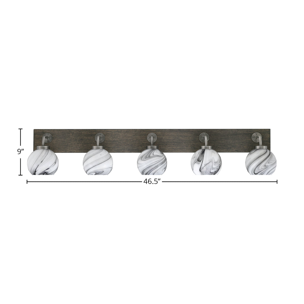 Oxbridge Five Light Bath Bar in Graphite & Painted Distressed Wood-look Metal with 5.75" Onyx Swirl Shade
