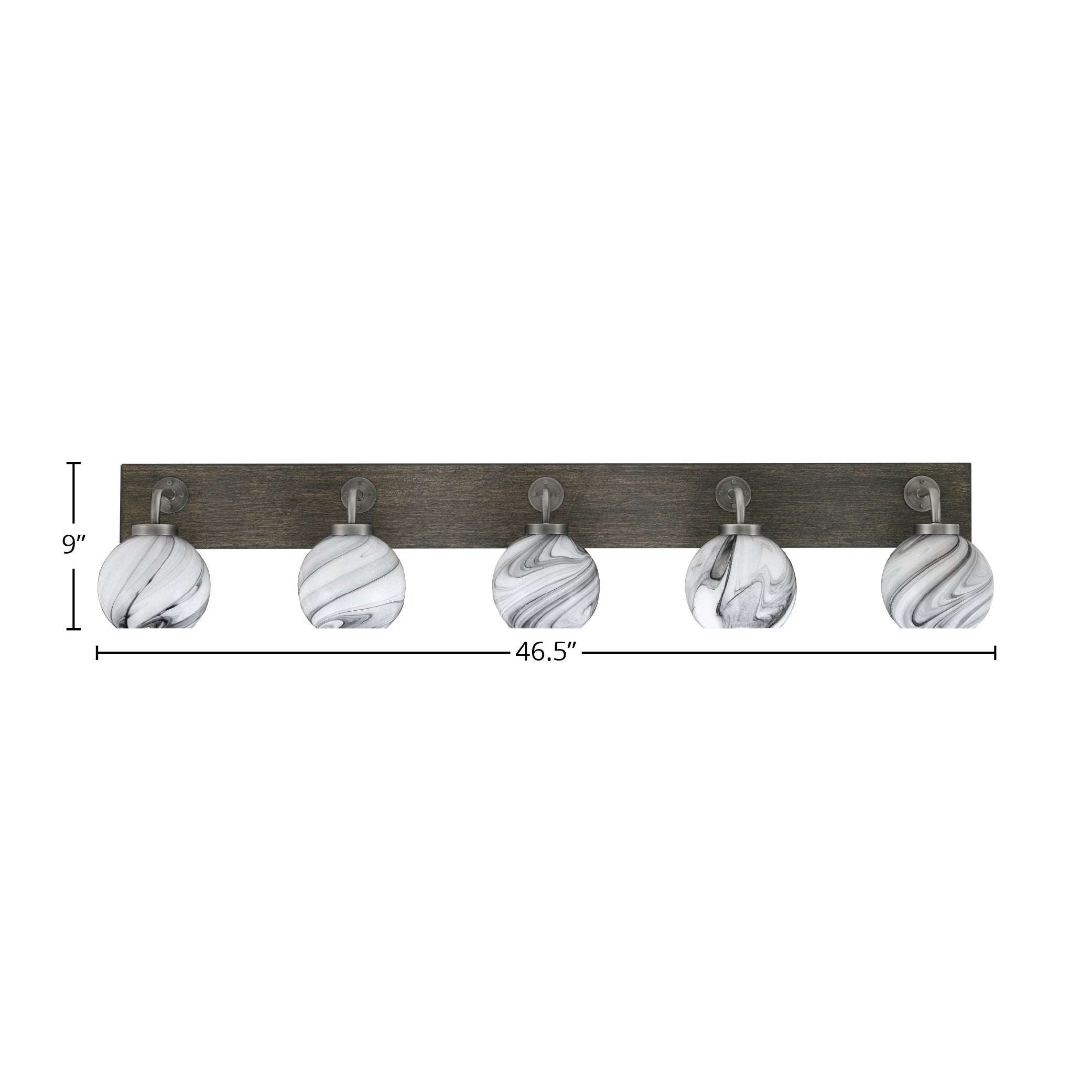 Oxbridge Five Light Bath Bar in Graphite & Painted Distressed Wood-look Metal with 5.75" Onyx Swirl Shade