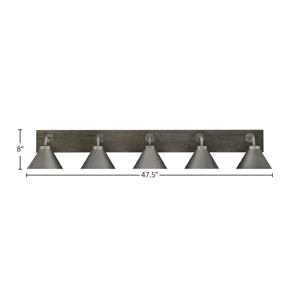 Oxbridge Five Light Bath Bar in Graphite & Painted Distressed Wood-look Metal with 7" Graphite Cone Metal Shade Shade