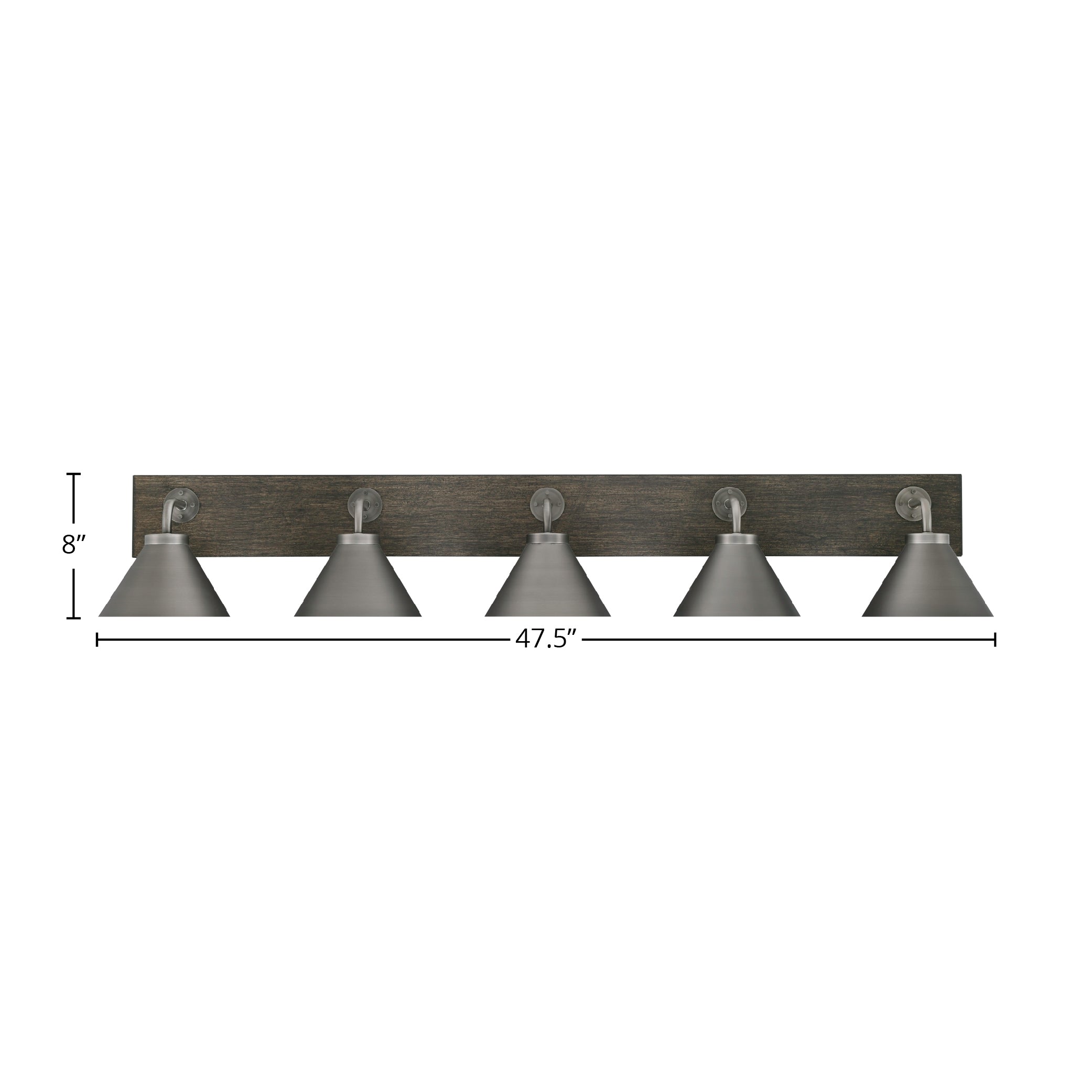 Oxbridge Five Light Bath Bar in Graphite & Painted Distressed Wood-look Metal with 7" Graphite Cone Metal Shade Shade