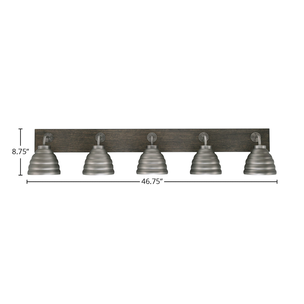 Oxbridge Five Light Bath Bar in Graphite & Painted Distressed Wood-look Metal with 6" Graphite Beehive Metal Shade Shade