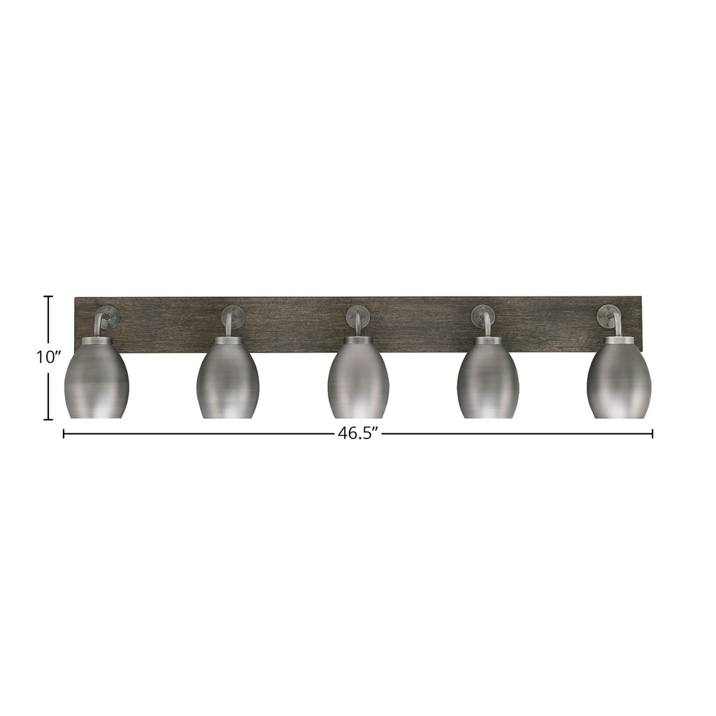 Oxbridge Five Light Bath Bar in Graphite & Painted Distressed Wood-look Metal with 5" Graphite Oval Metal Shade Shade