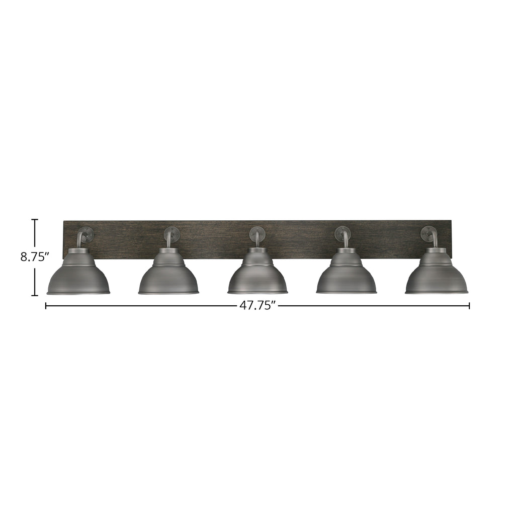 Oxbridge Five Light Bath Bar in Graphite & Painted Distressed Wood-look Metal with 7" Graphite Double Bubble Metal Shade Shade