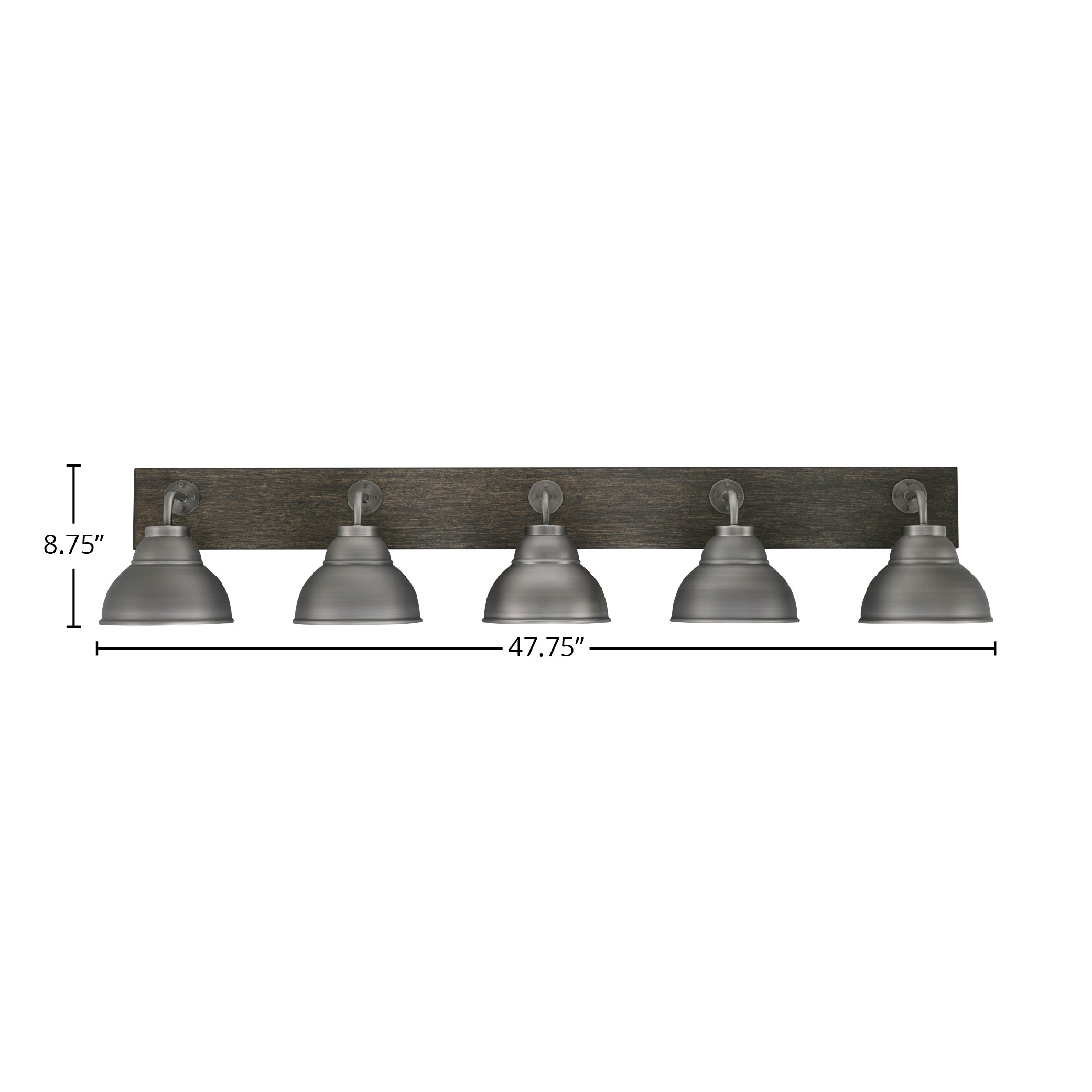 Oxbridge Five Light Bath Bar in Graphite & Painted Distressed Wood-look Metal with 7" Graphite Double Bubble Metal Shade Shade