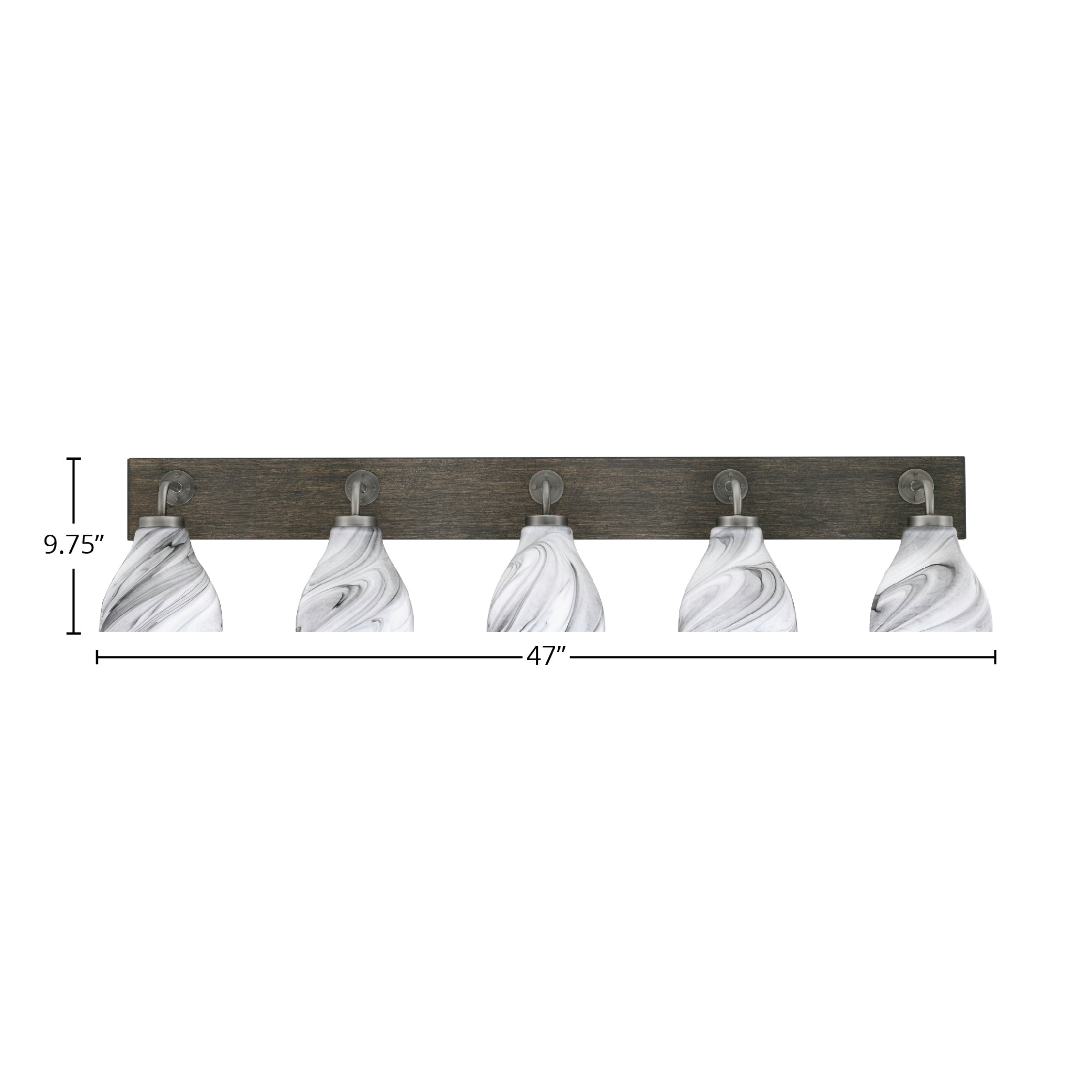 Oxbridge Five Light Bath Bar in Graphite & Painted Distressed Wood-look Metal with 6.25" Onyx Swirl Shade