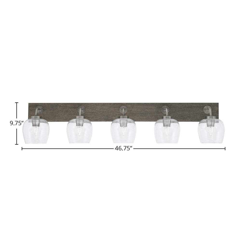 Oxbridge Five Light Bath Bar in Graphite & Painted Distressed Wood-look Metal with 6" Clear Bubble Shade