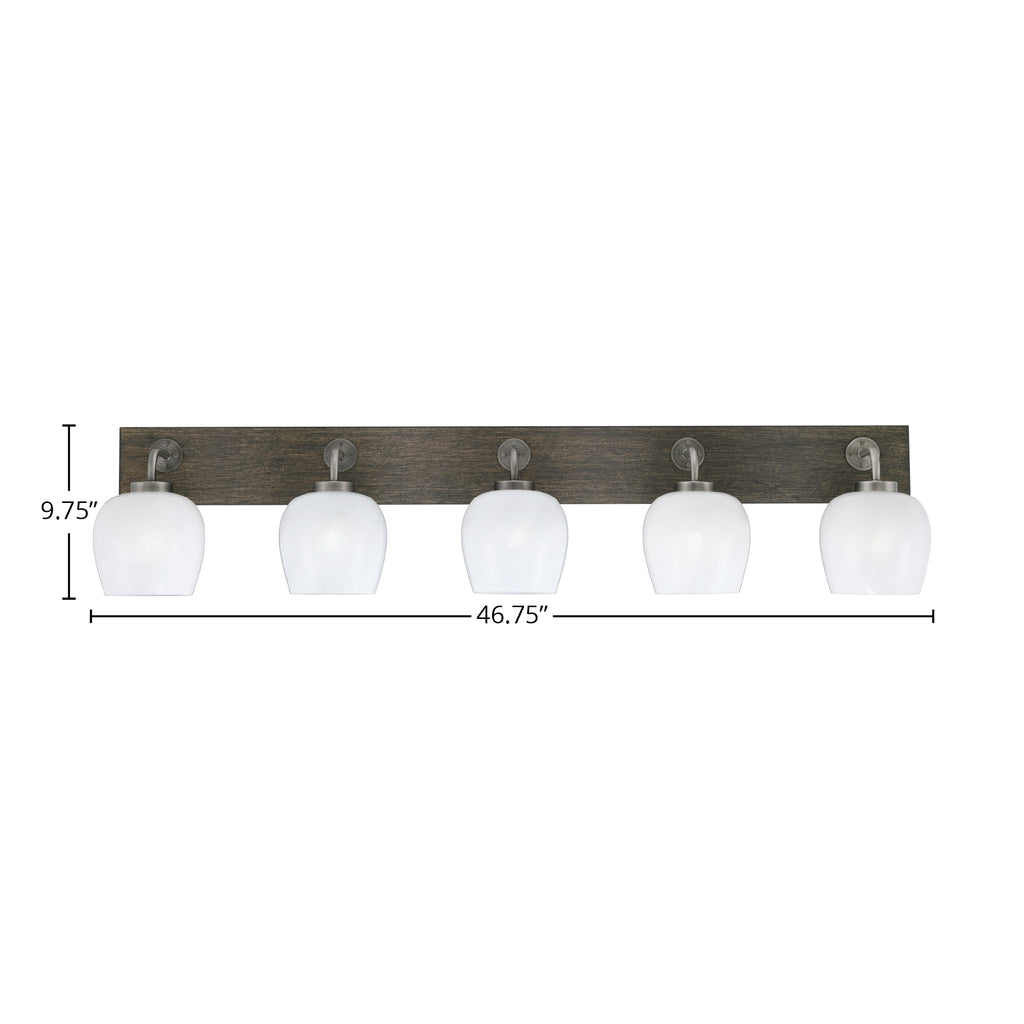 Oxbridge Five Light Bath Bar in Graphite & Painted Distressed Wood-look Metal with 6" White Marble Shade