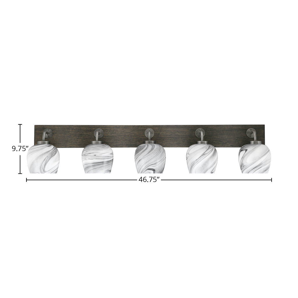 Oxbridge Five Light Bath Bar in Graphite & Painted Distressed Wood-look Metal with 6" Onyx Swirl Shade