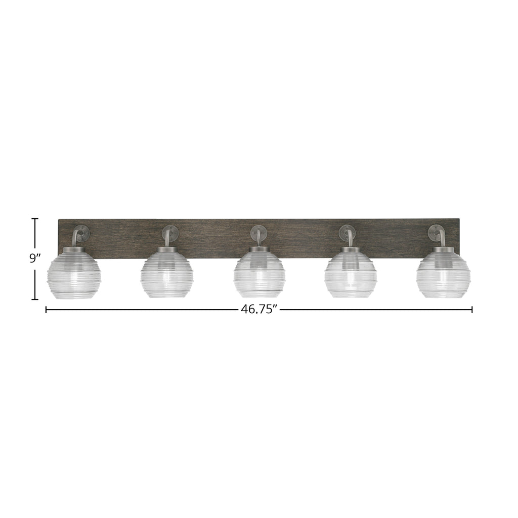 Oxbridge Five Light Bath Bar in Graphite & Painted Distressed Wood-look Metal with 6" Clear Ribbed Shade