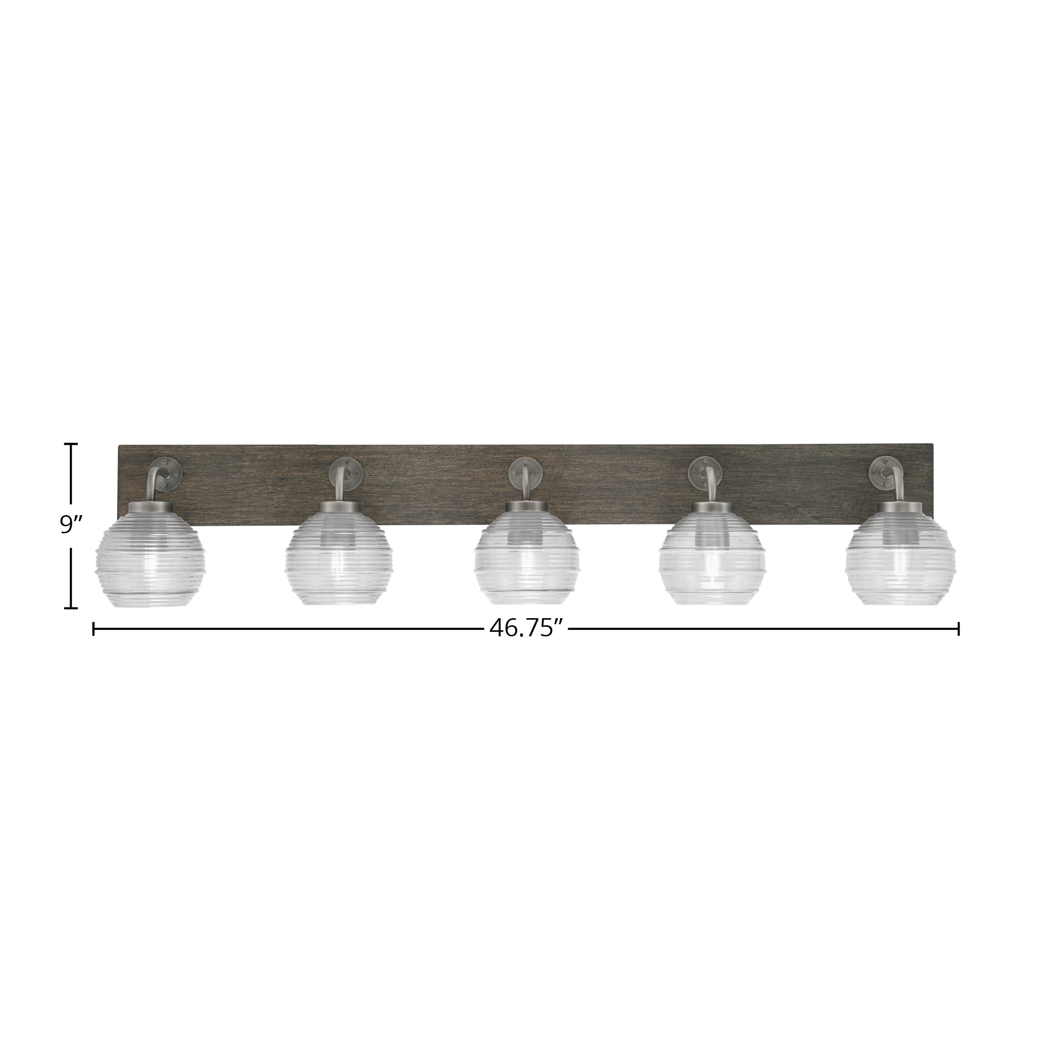 Oxbridge Five Light Bath Bar in Graphite & Painted Distressed Wood-look Metal with 6" Clear Ribbed Shade