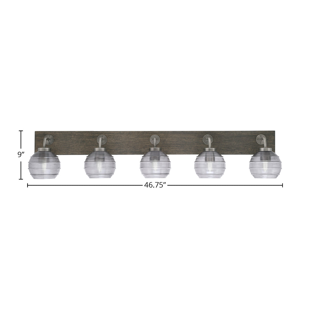 Oxbridge Five Light Bath Bar in Graphite & Painted Distressed Wood-look Metal with 6" Smoke Ribbed Shade