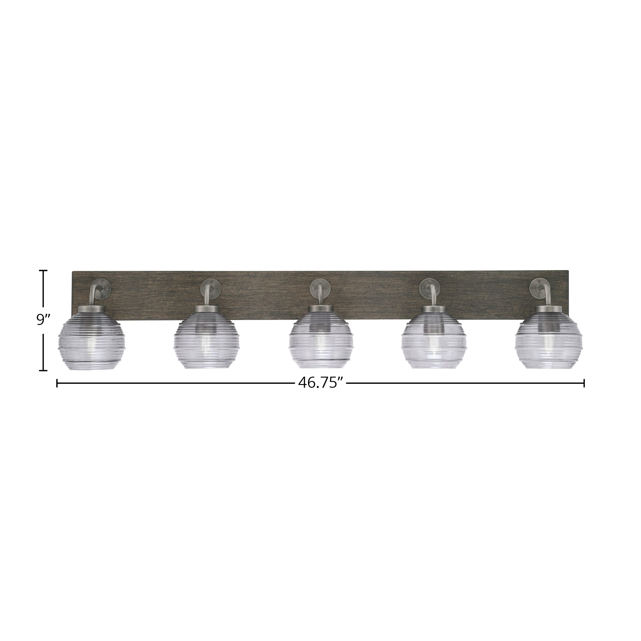 Oxbridge Five Light Bath Bar in Graphite & Painted Distressed Wood-look Metal with 6" Smoke Ribbed Shade