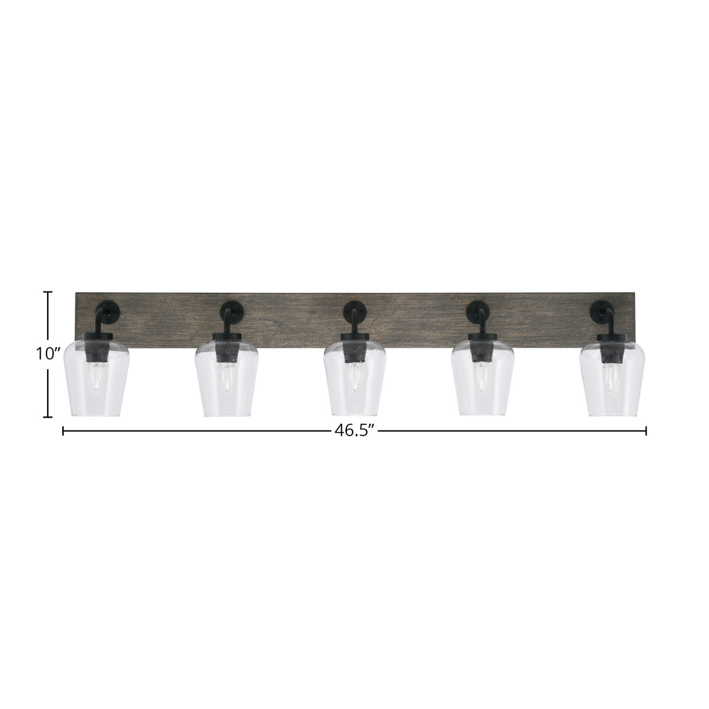 Oxbridge Five Light Bath Bar in Matte Black & Painted Distressed Wood-look Metal with 5" Clear Bubble Shade
