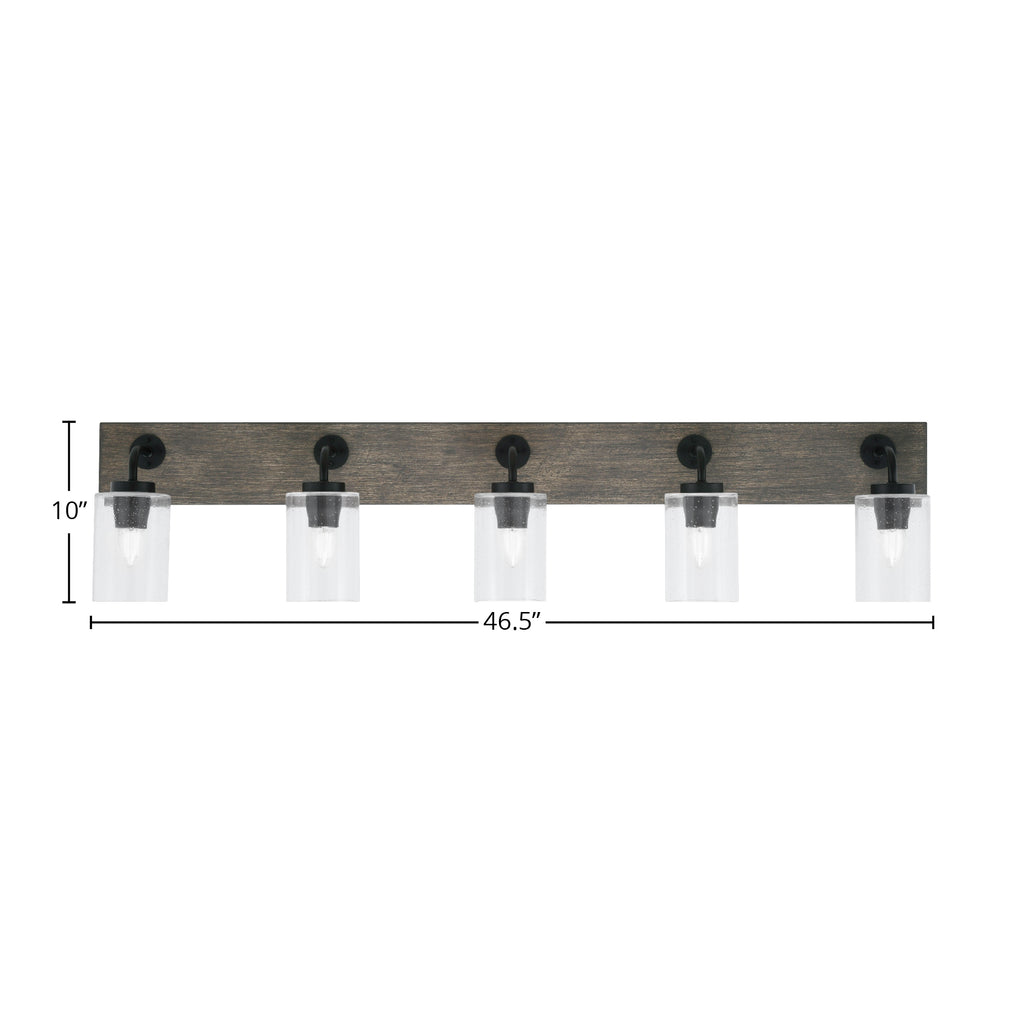 Oxbridge Five Light Bath Bar in Matte Black & Painted Distressed Wood-look Metal with 4" Clear Bubble Shade