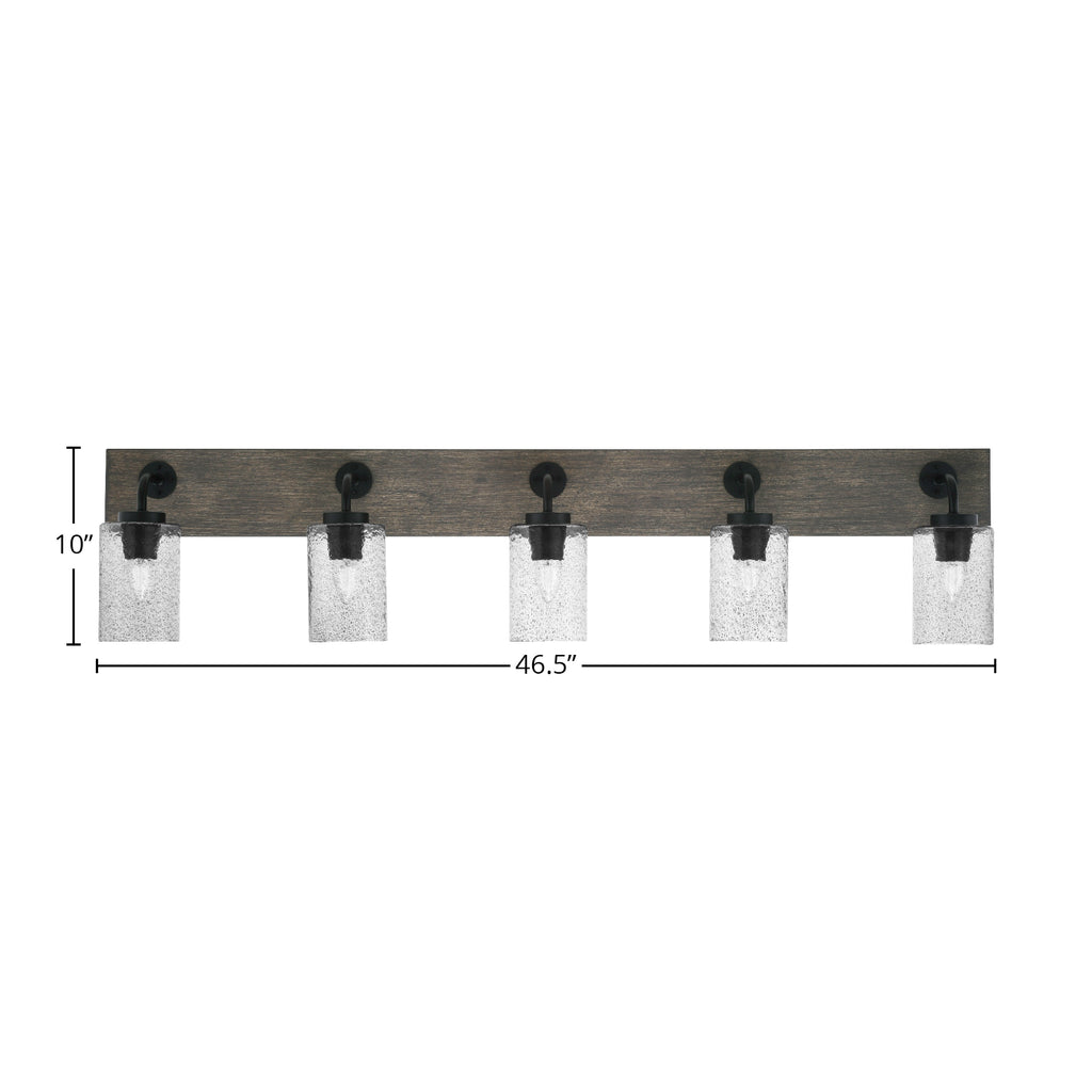 Oxbridge Five Light Bath Bar in Matte Black & Painted Distressed Wood-look Metal with 4" Smoke Bubble Shade
