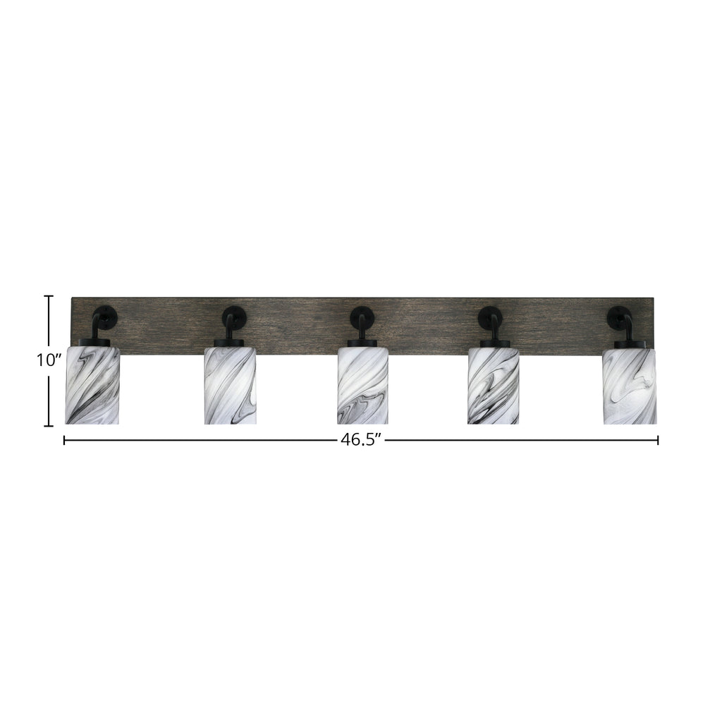 Oxbridge Five Light Bath Bar in Matte Black & Painted Distressed Wood-look Metal with 4" Onyx Swirl Shade
