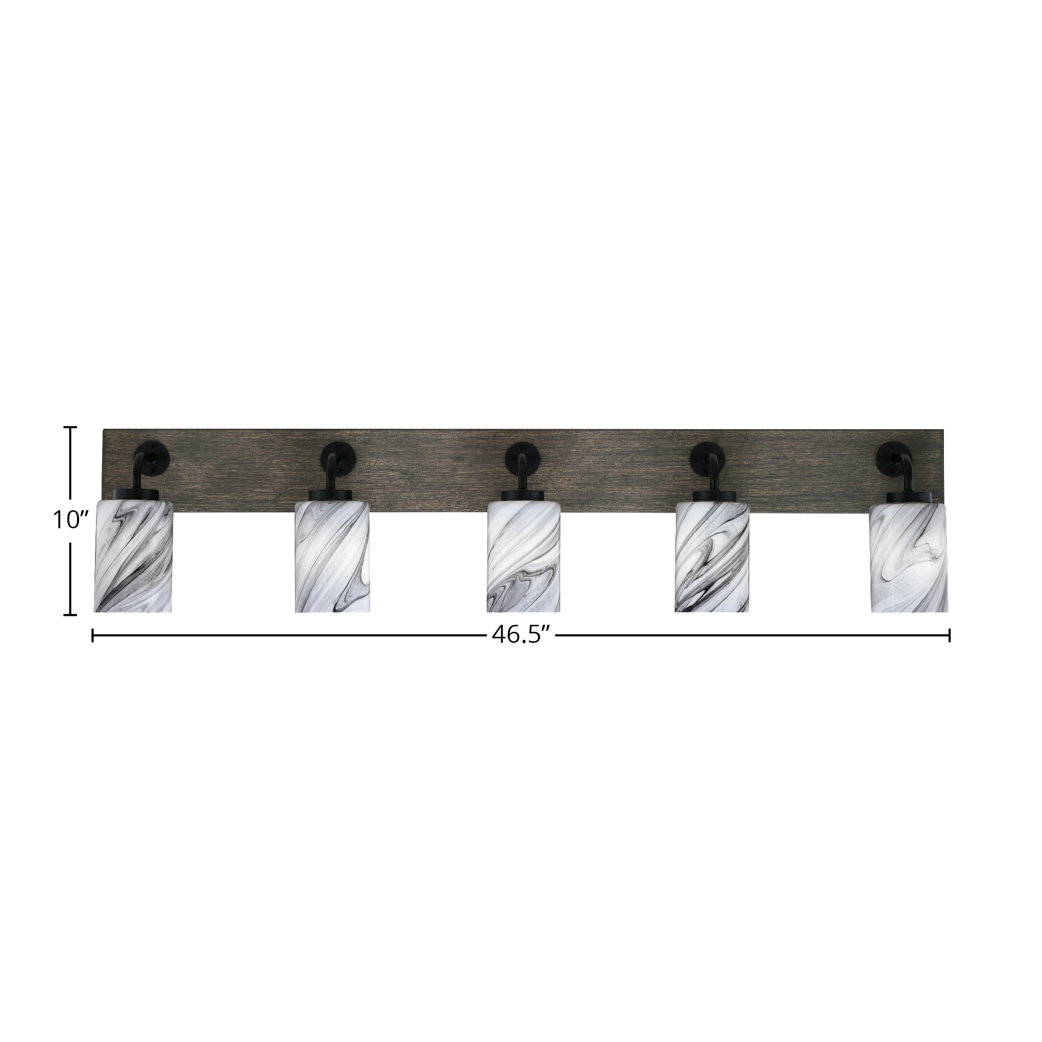 Oxbridge Five Light Bath Bar in Matte Black & Painted Distressed Wood-look Metal with 4" Onyx Swirl Shade
