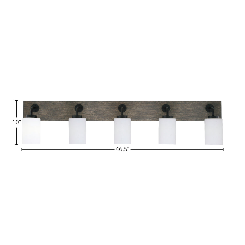Oxbridge Five Light Bath Bar in Matte Black & Painted Distressed Wood-look Metal with 4" White Muslin Shade