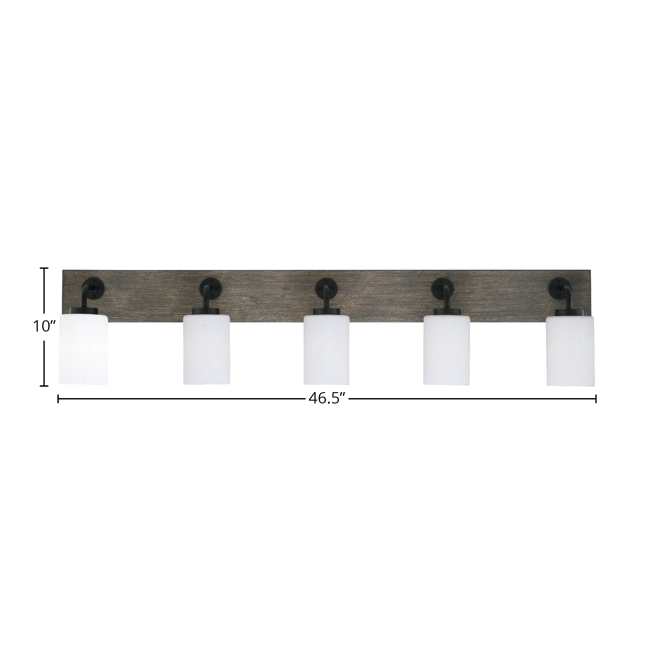 Oxbridge Five Light Bath Bar in Matte Black & Painted Distressed Wood-look Metal with 4" White Muslin Shade