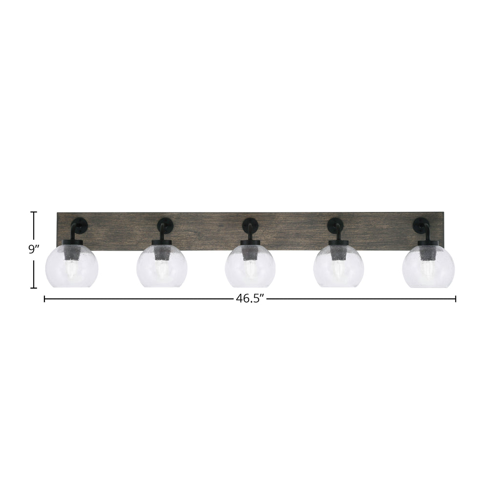 Oxbridge Five Light Bath Bar in Matte Black & Painted Distressed Wood-look Metal with 5.75" Clear Bubble Shade