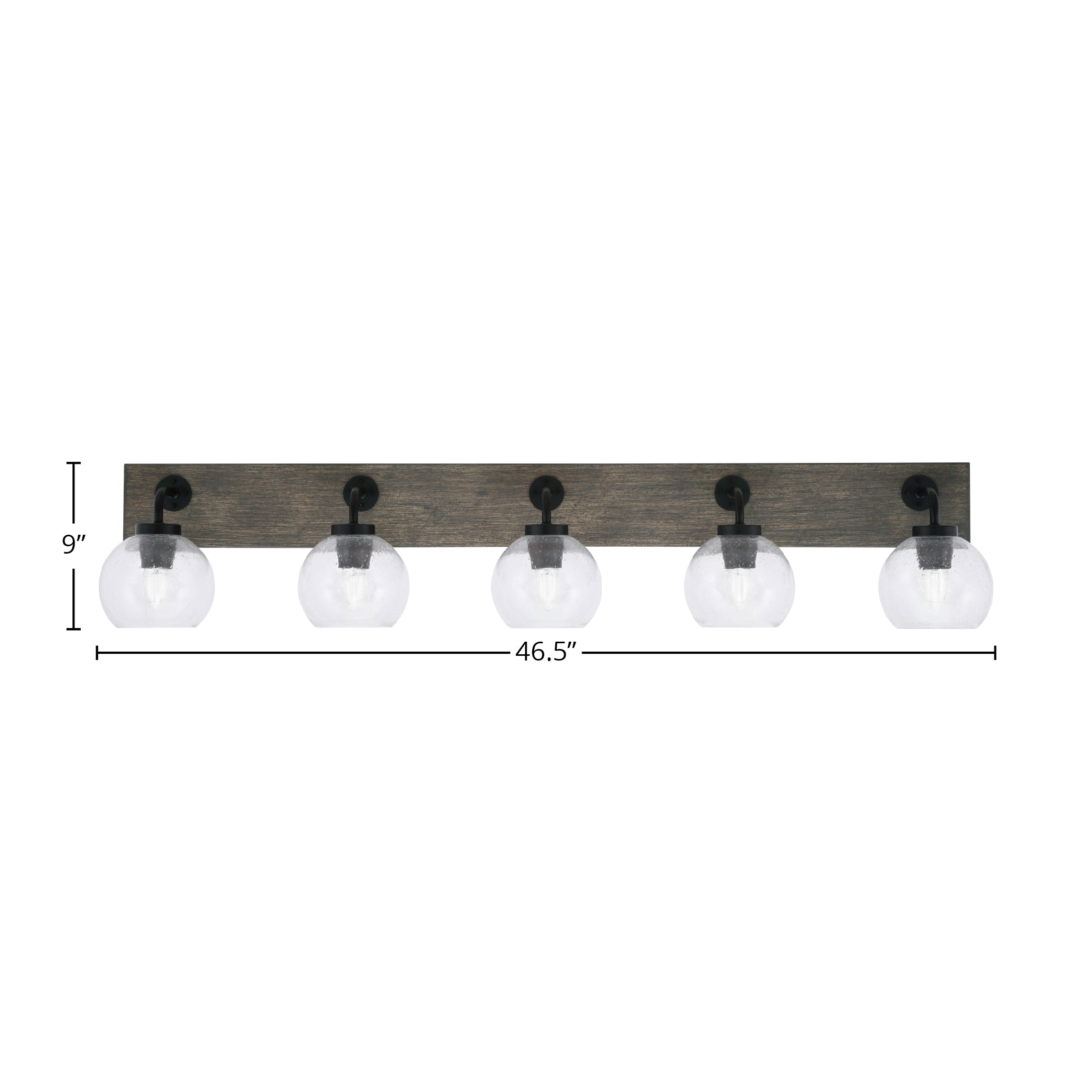 Oxbridge Five Light Bath Bar in Matte Black & Painted Distressed Wood-look Metal with 5.75" Clear Bubble Shade