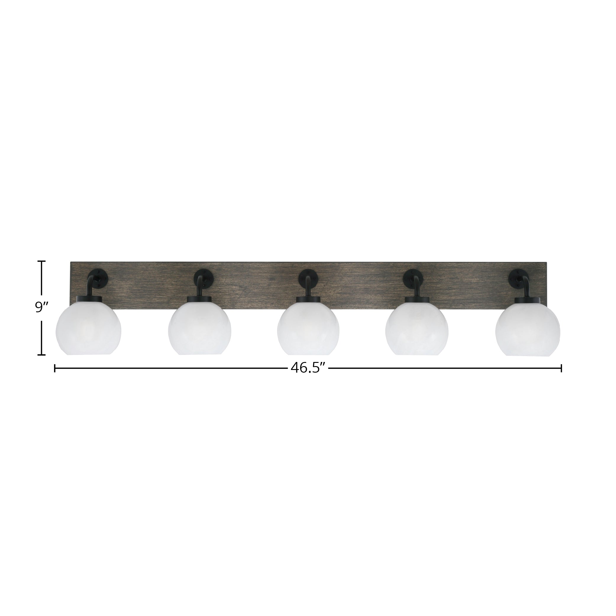 Oxbridge Five Light Bath Bar in Matte Black & Painted Distressed Wood-look Metal with 5.75" White Marble Shade