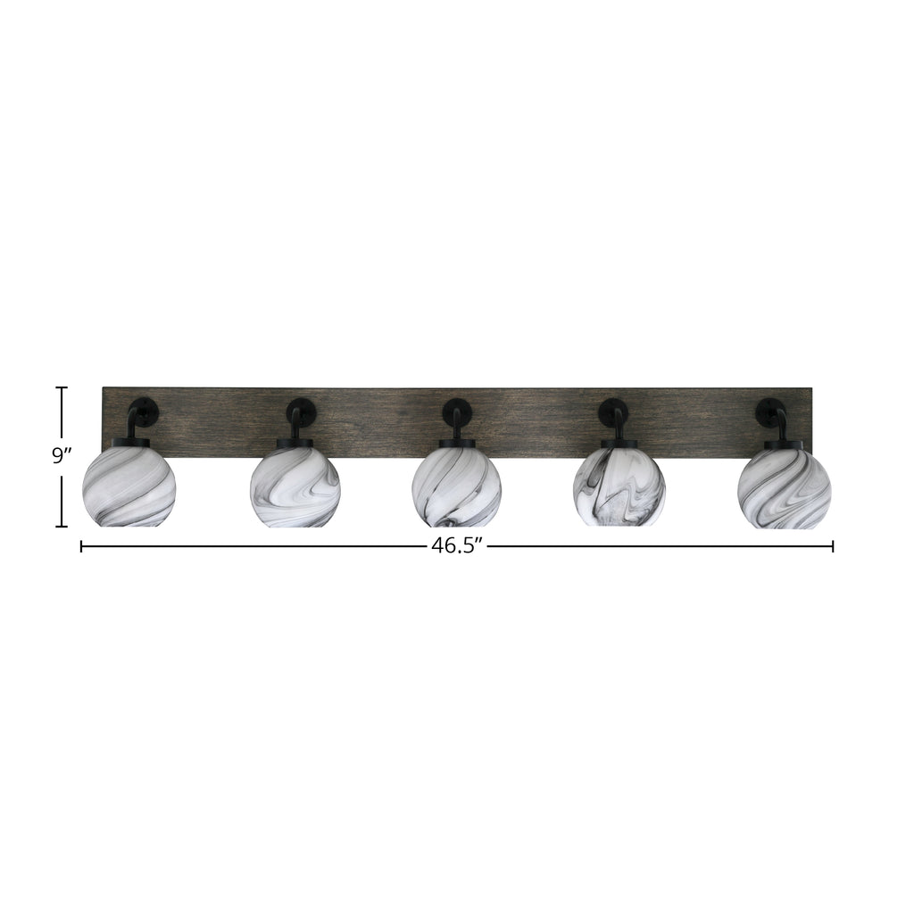 Oxbridge Five Light Bath Bar in Matte Black & Painted Distressed Wood-look Metal with 5.75" Onyx Swirl Shade