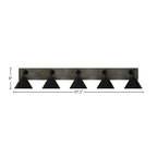 Oxbridge Five Light Bath Bar in Matte Black & Painted Distressed Wood-look Metal with 7" Matte Black Cone Metal Shade Shade