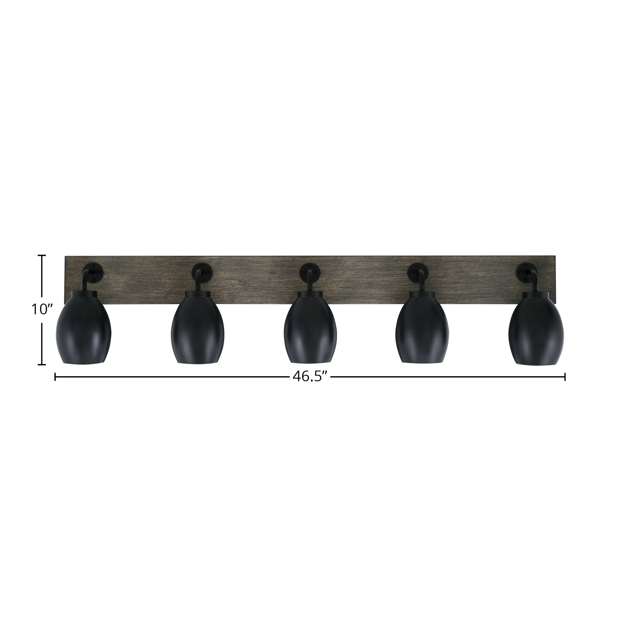 Oxbridge Five Light Bath Bar in Matte Black & Painted Distressed Wood-look Metal with 5" Matte Black Oval Metal Shade Shade