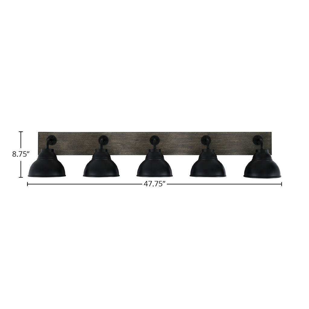Oxbridge Five Light Bath Bar in Matte Black & Painted Distressed Wood-look Metal with 7" Matte Black Double Bubble Metal Shade Shade