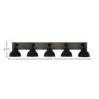 Oxbridge Five Light Bath Bar in Matte Black & Painted Distressed Wood-look Metal with 7" Matte Black Double Bubble Metal Shade Shade