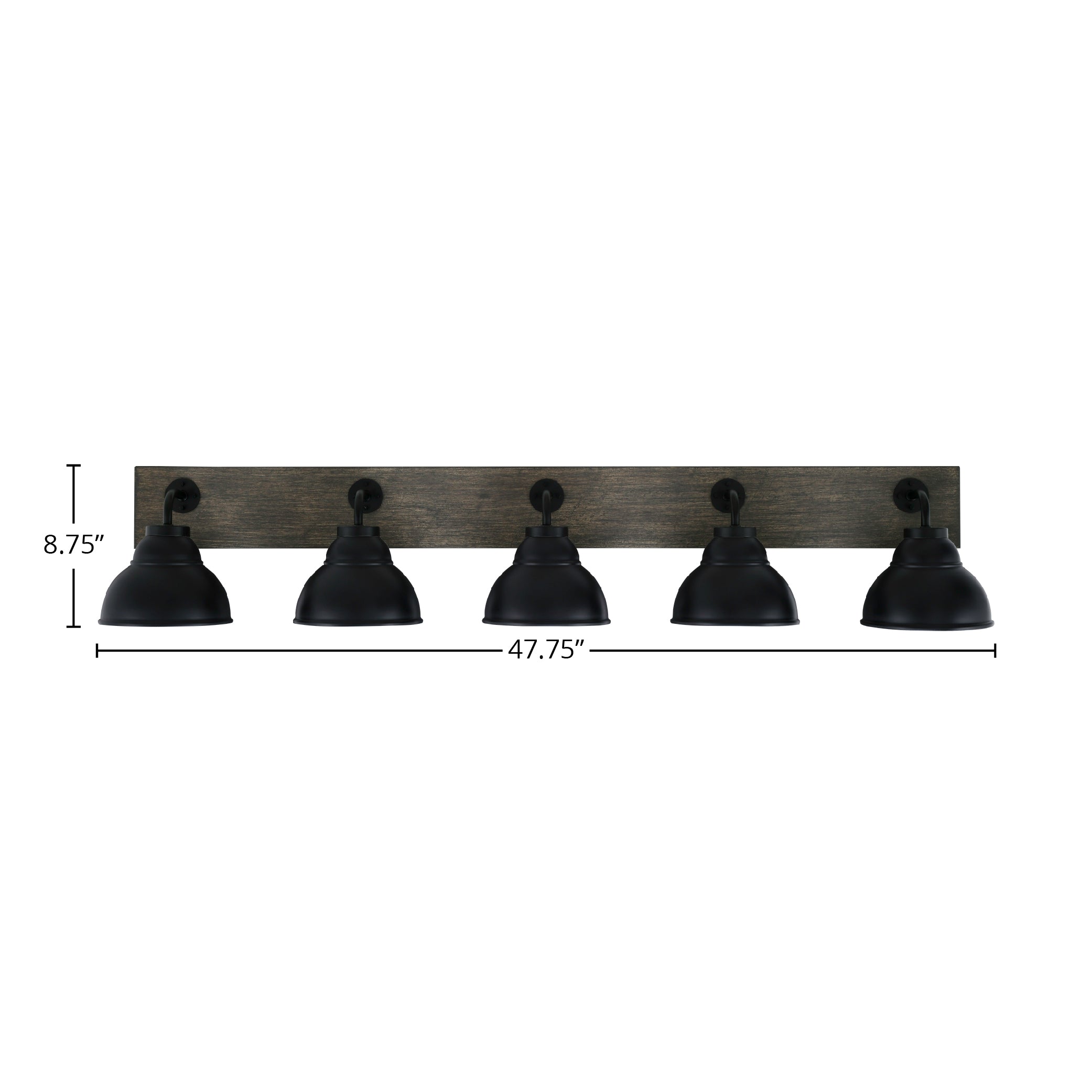 Oxbridge Five Light Bath Bar in Matte Black & Painted Distressed Wood-look Metal with 7" Matte Black Double Bubble Metal Shade Shade