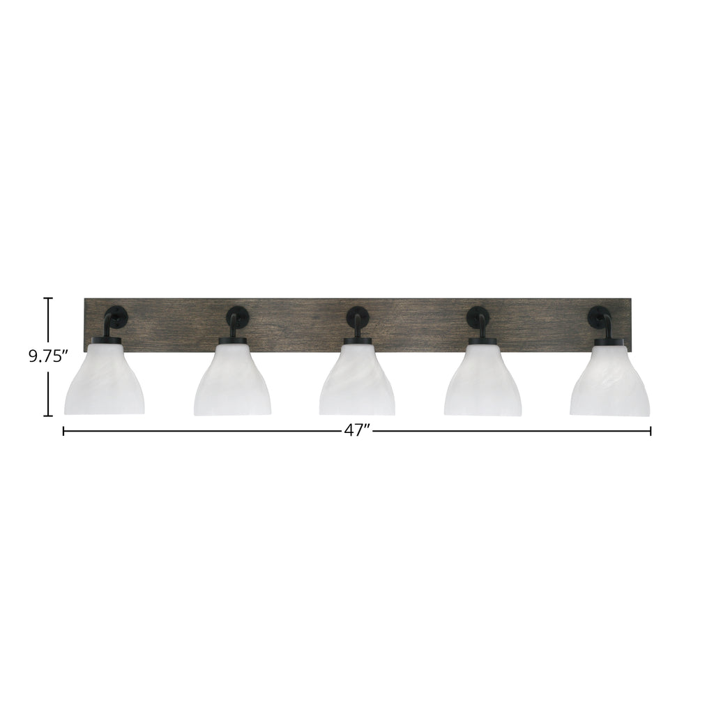 Oxbridge Five Light Bath Bar in Matte Black & Painted Distressed Wood-look Metal with 6.25" White Marble Shade