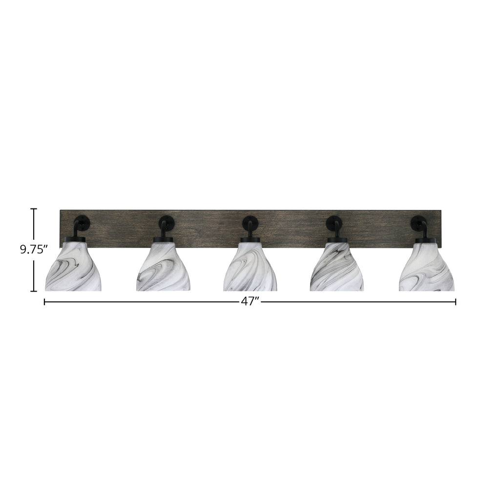 Oxbridge Five Light Bath Bar in Matte Black & Painted Distressed Wood-look Metal with 6.25" Onyx Swirl Shade