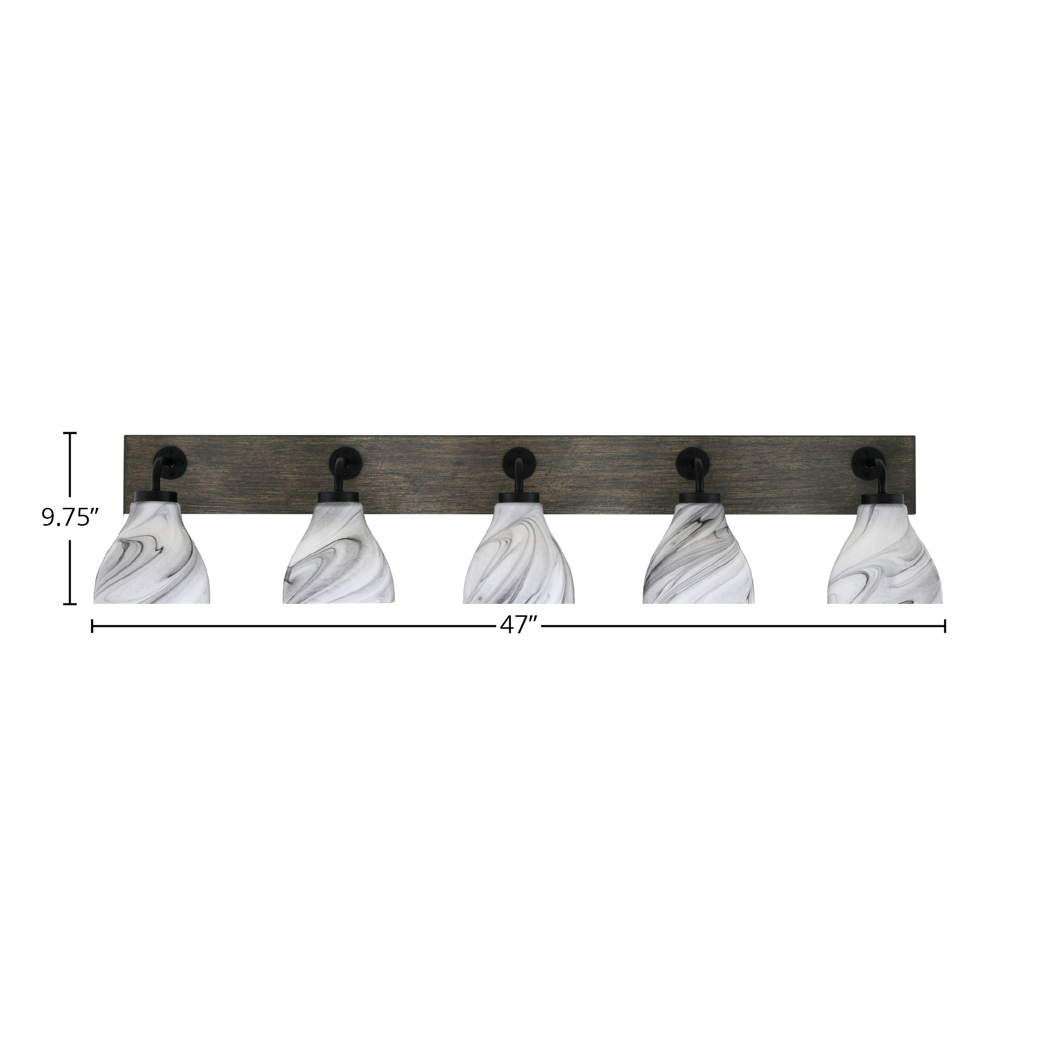 Oxbridge Five Light Bath Bar in Matte Black & Painted Distressed Wood-look Metal with 6.25" Onyx Swirl Shade