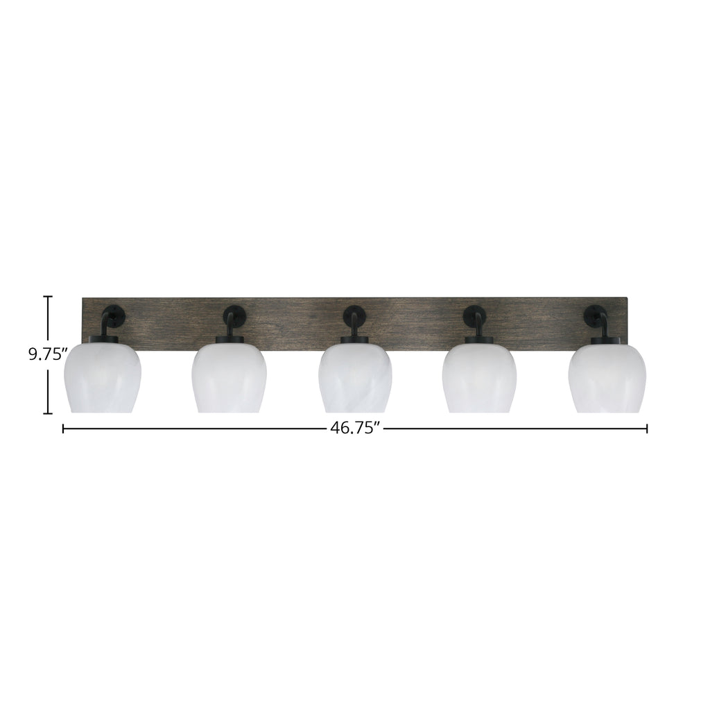 Oxbridge Five Light Bath Bar in Matte Black & Painted Distressed Wood-look Metal with 6" White Marble Shade