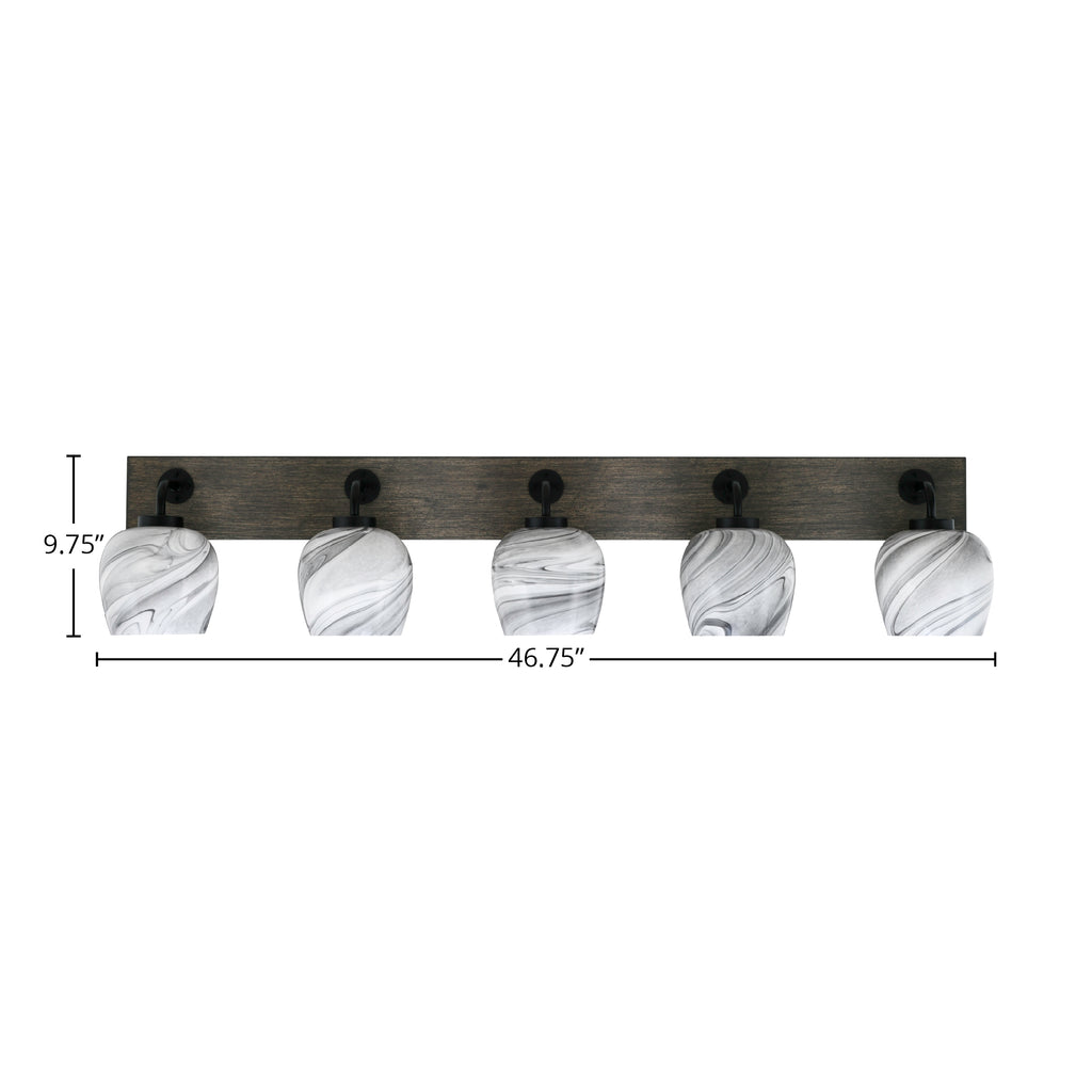Oxbridge Five Light Bath Bar in Matte Black & Painted Distressed Wood-look Metal with 6" Onyx Swirl Shade