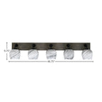 Oxbridge Five Light Bath Bar in Matte Black & Painted Distressed Wood-look Metal with 6" Onyx Swirl Shade
