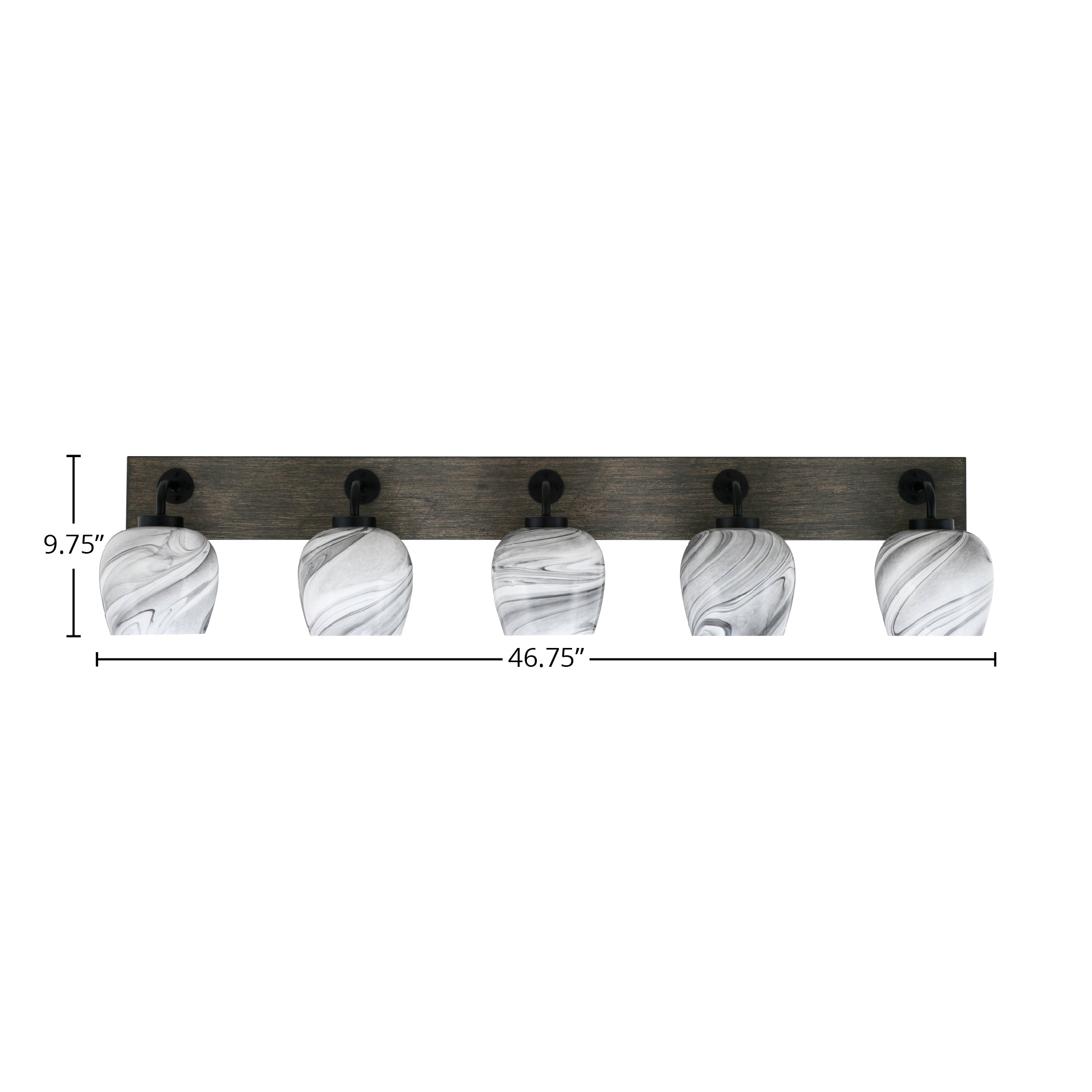 Oxbridge Five Light Bath Bar in Matte Black & Painted Distressed Wood-look Metal with 6" Onyx Swirl Shade