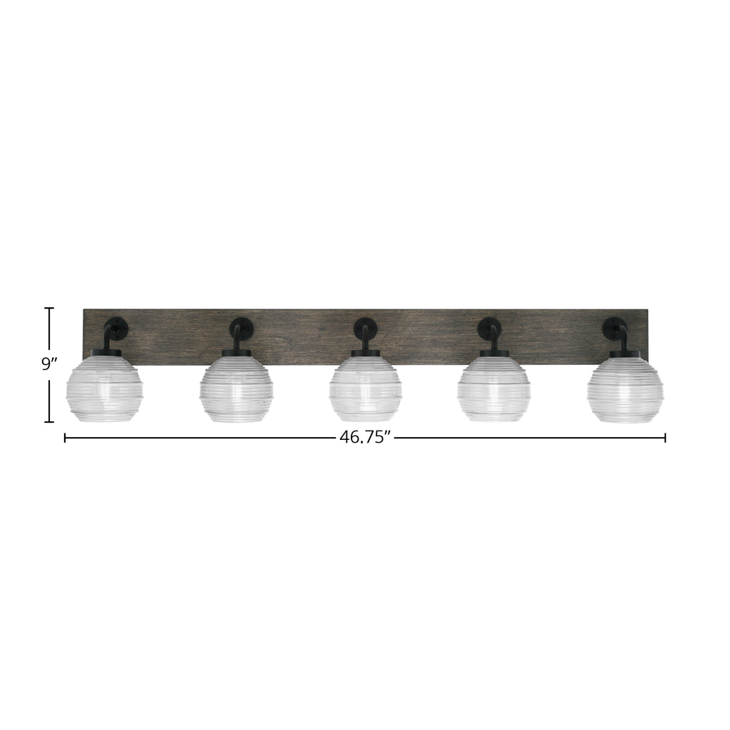 Oxbridge Five Light Bath Bar in Matte Black & Painted Distressed Wood-look Metal with 6" Clear Ribbed Shade