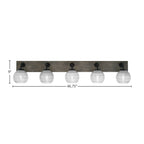 Oxbridge Five Light Bath Bar in Matte Black & Painted Distressed Wood-look Metal with 6" Clear Ribbed Shade