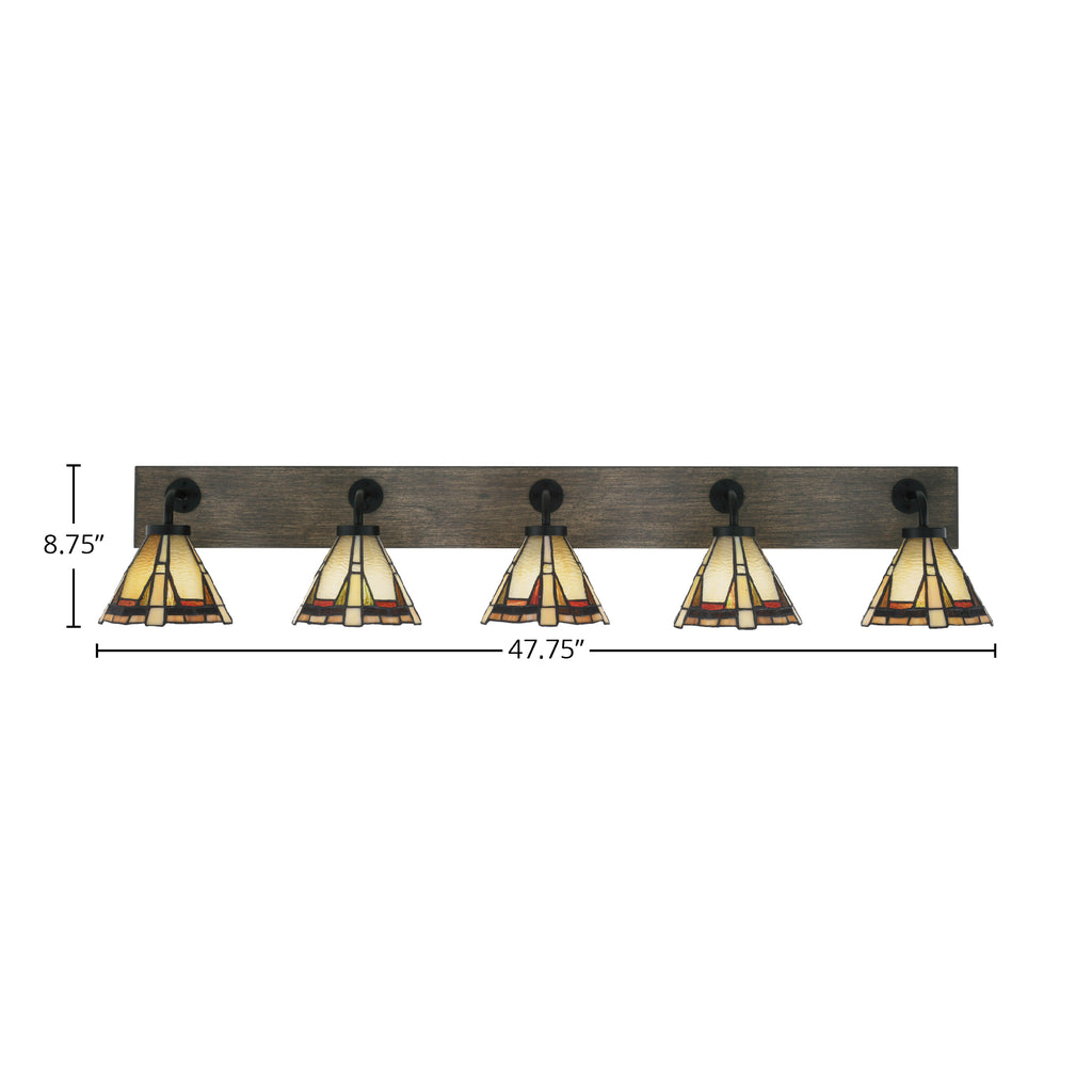 Oxbridge Five Light Bath Bar in Matte Black & Painted Distressed Wood-look Metal with 7" Zion Art Glass Shade