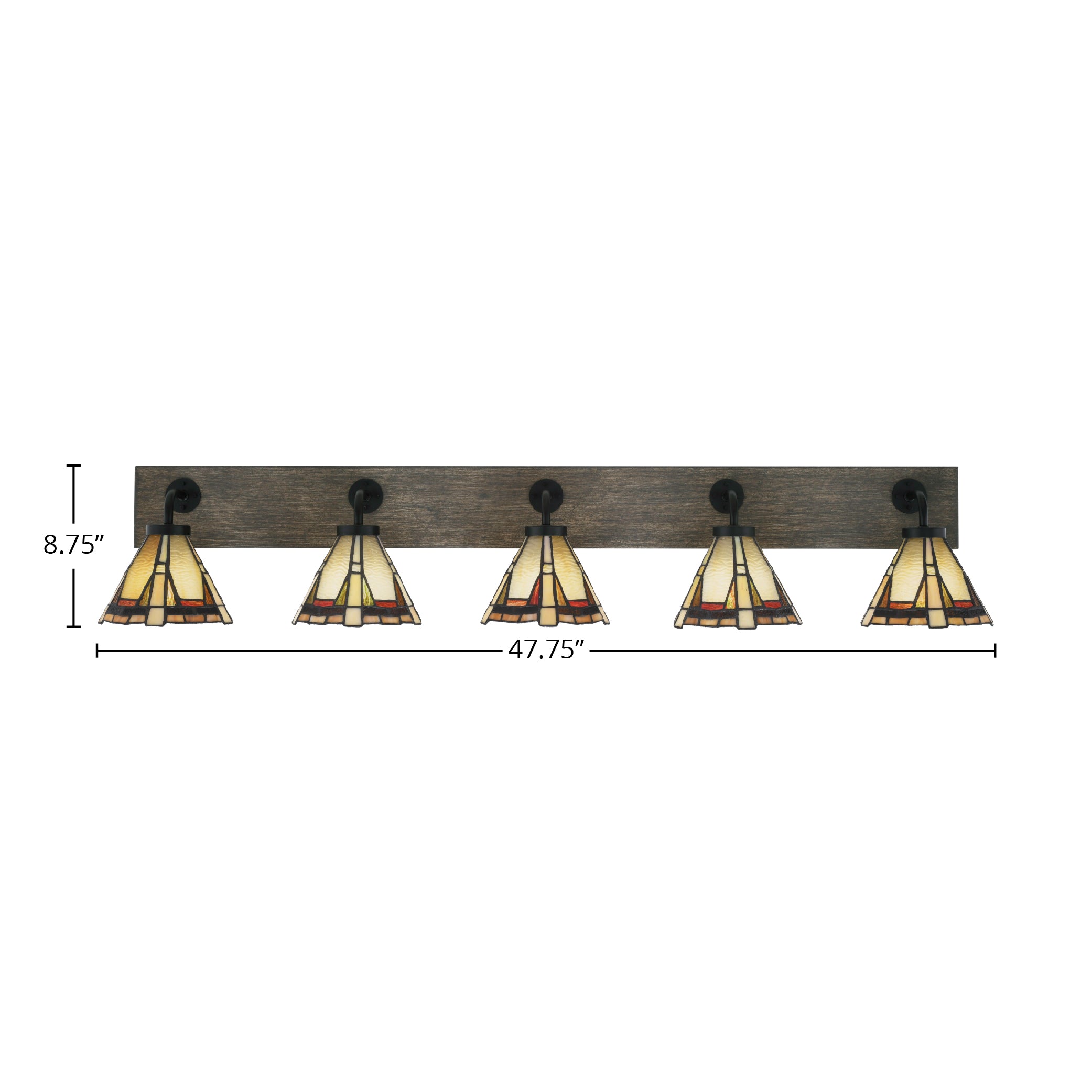 Oxbridge Five Light Bath Bar in Matte Black & Painted Distressed Wood-look Metal with 7" Zion Art Glass Shade