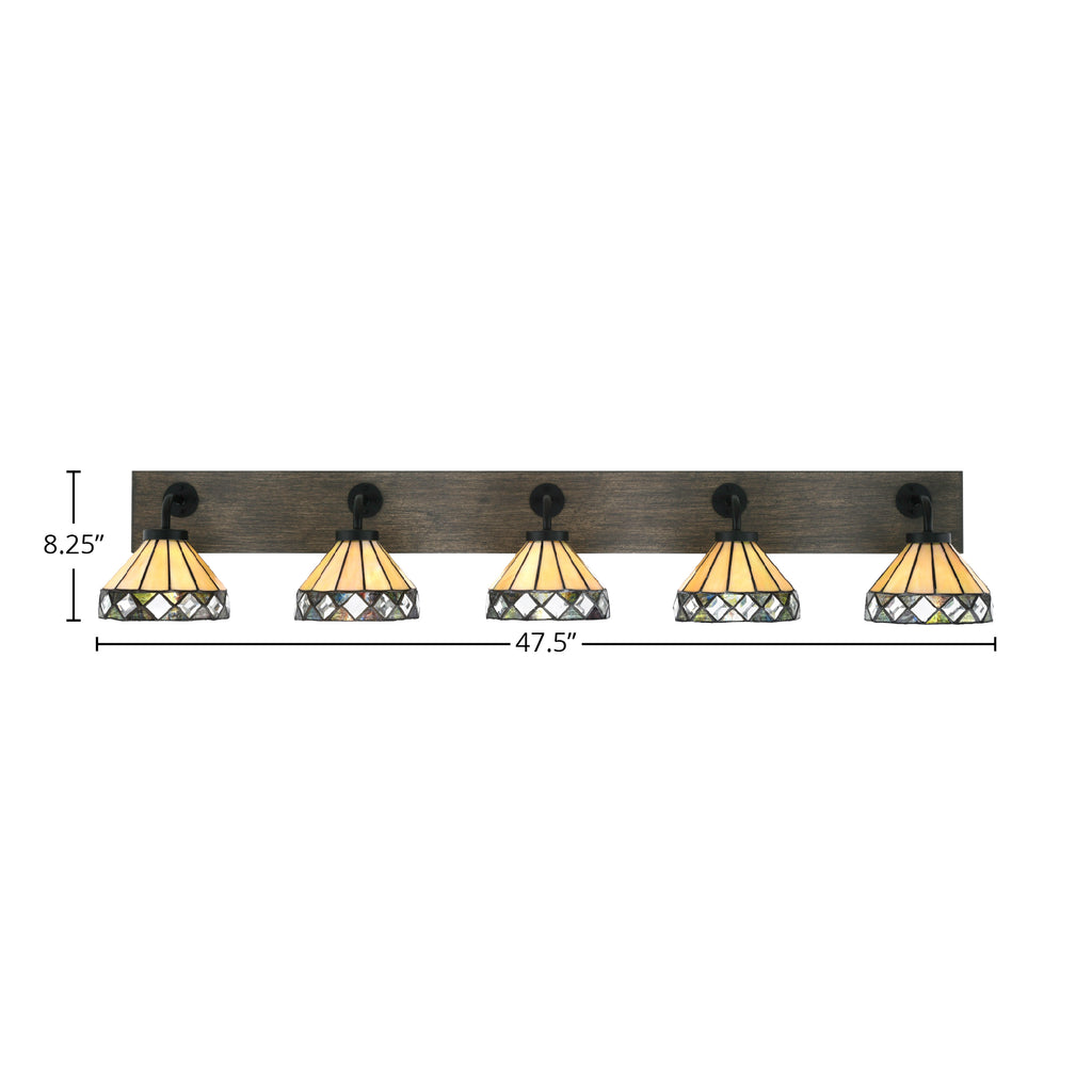 Oxbridge Five Light Bath Bar in Matte Black & Painted Distressed Wood-look Metal with 7" Diamond Peak Art Glass Shade