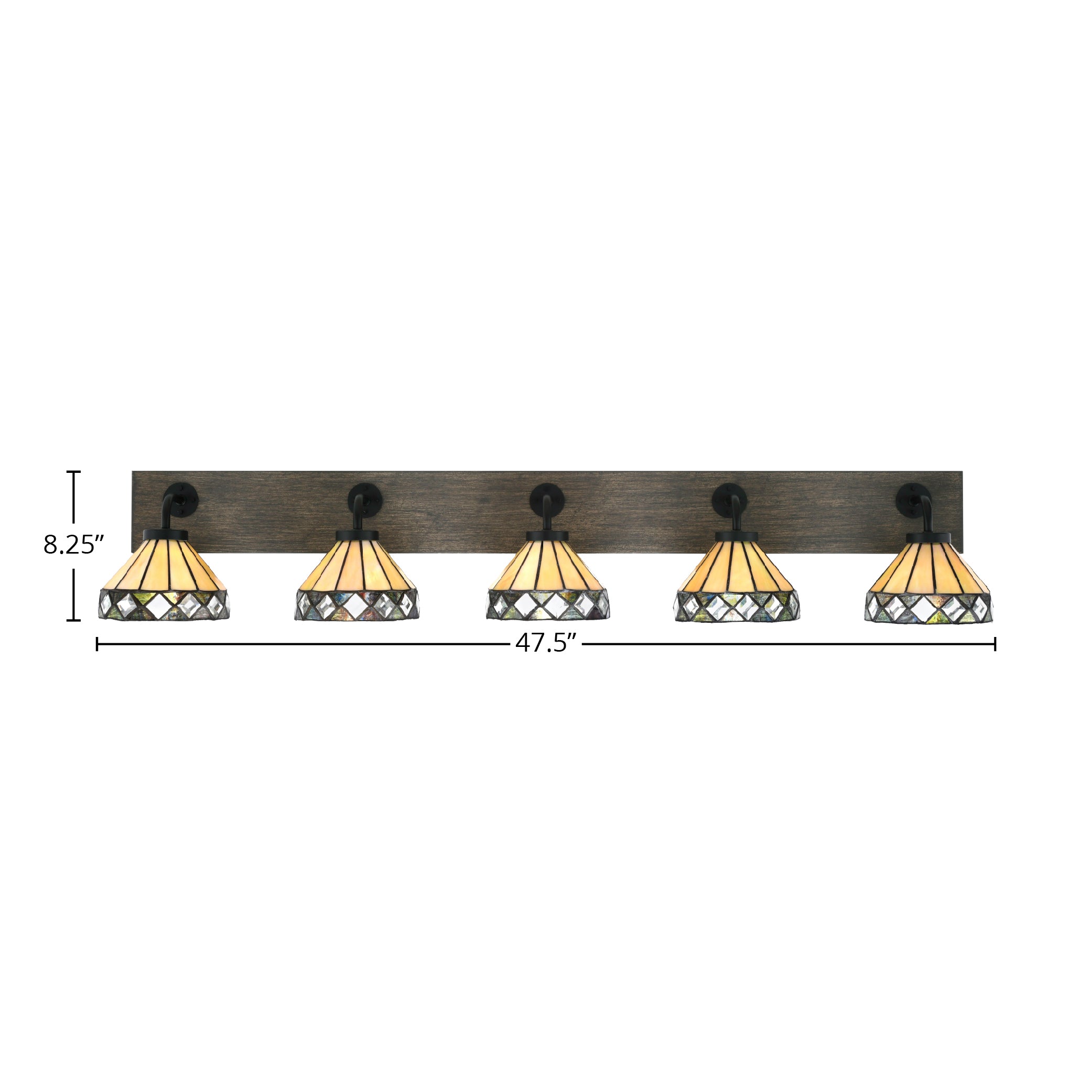 Oxbridge Five Light Bath Bar in Matte Black & Painted Distressed Wood-look Metal with 7" Diamond Peak Art Glass Shade