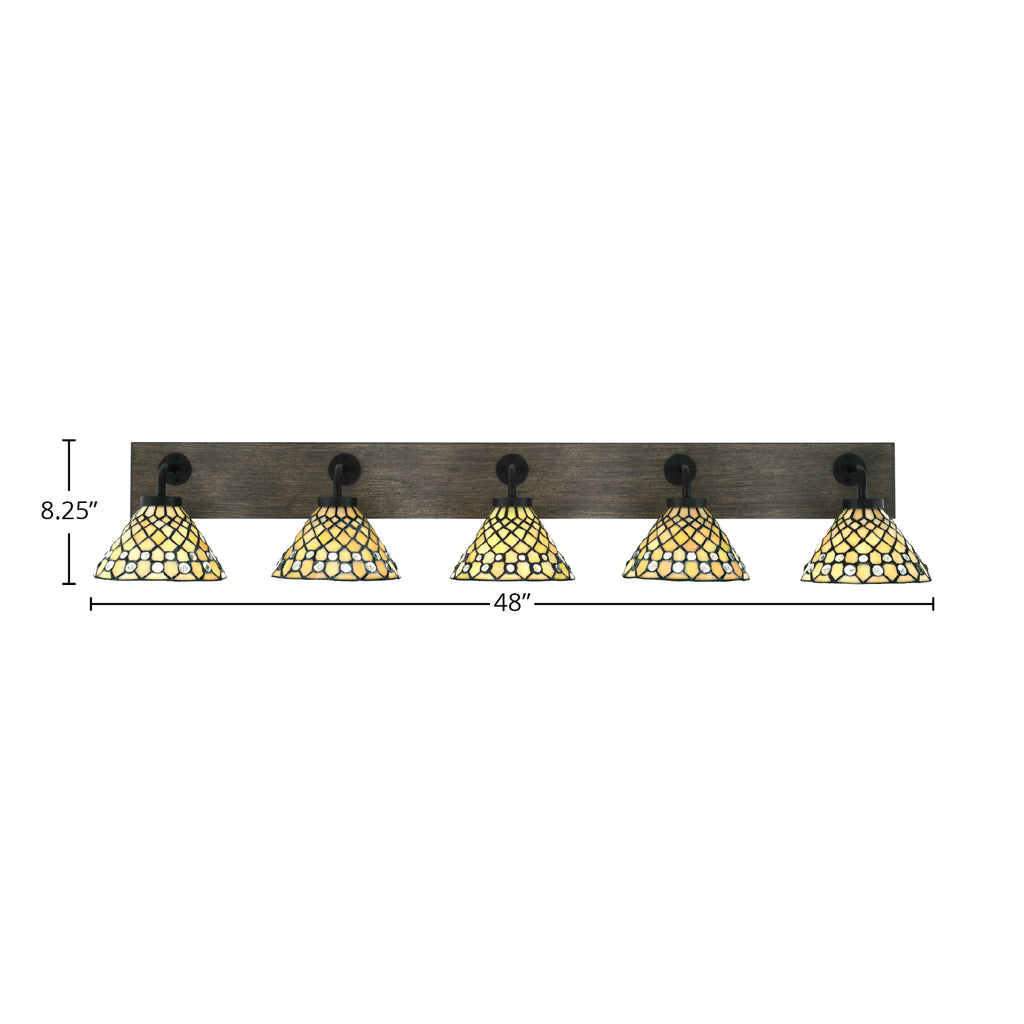 Oxbridge Five Light Bath Bar in Matte Black & Painted Distressed Wood-look Metal with 7" Starlight Art Glass Shade
