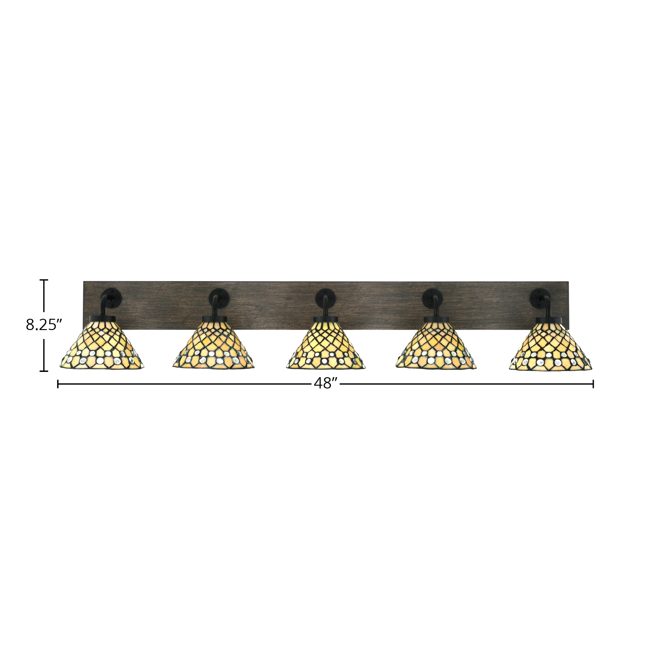 Oxbridge Five Light Bath Bar in Matte Black & Painted Distressed Wood-look Metal with 7" Starlight Art Glass Shade
