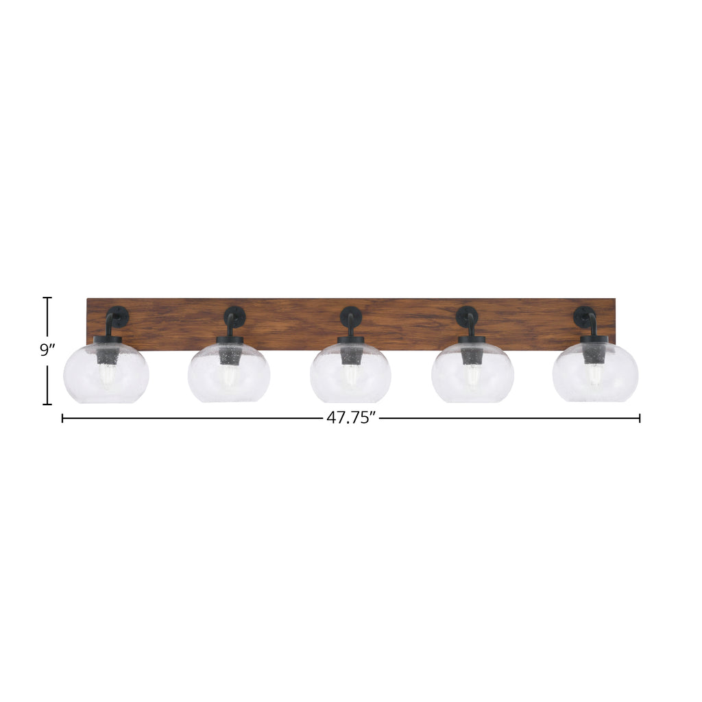 Oxbridge Five Light Bath Bar in Matte Black & Painted Wood-look Metal with 7" Clear Bubble Shade