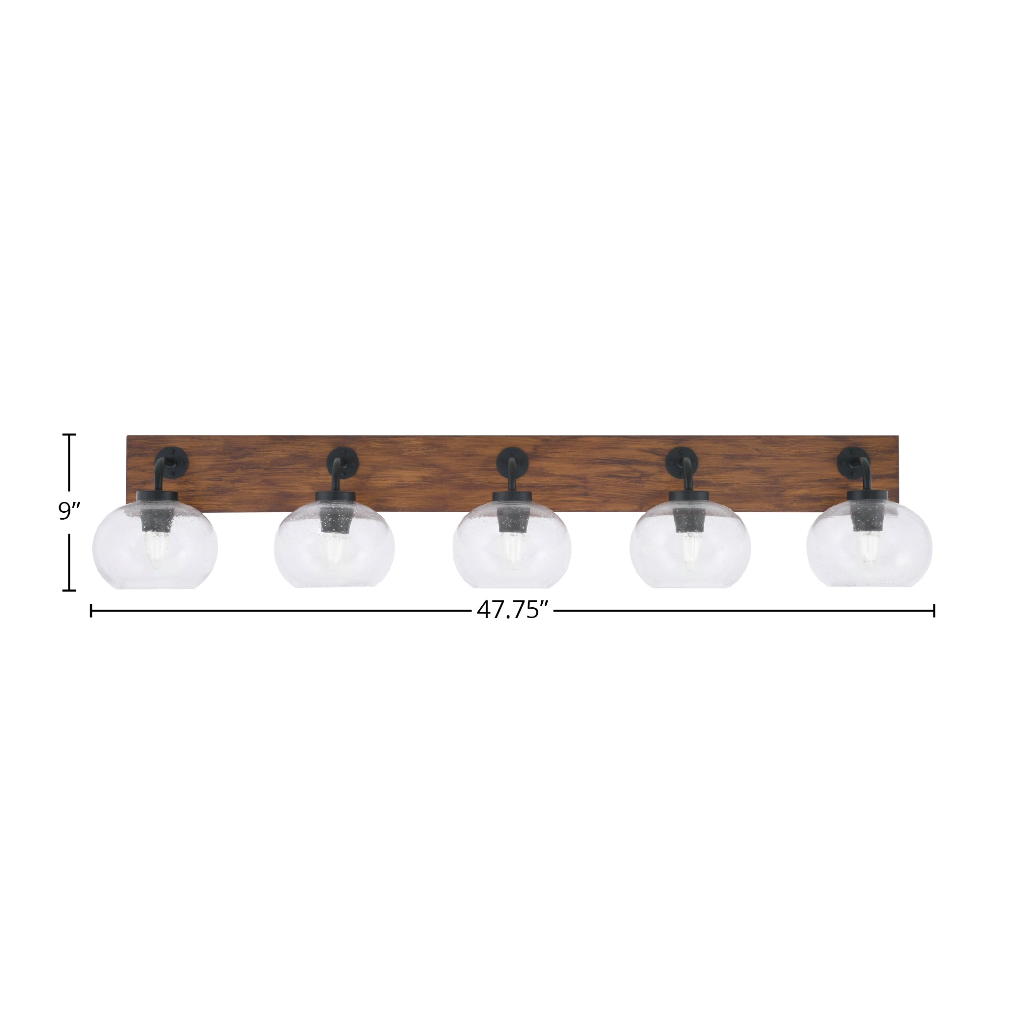 Oxbridge Five Light Bath Bar in Matte Black & Painted Wood-look Metal with 7" Clear Bubble Shade