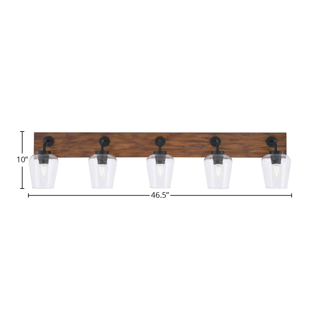 Oxbridge Five Light Bath Bar in Matte Black & Painted Wood-look Metal with 5" Clear Bubble Shade